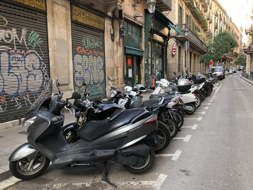 Motorcycle parked at the side of a city street