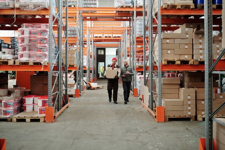 Packaged goods stacked in a warehouse